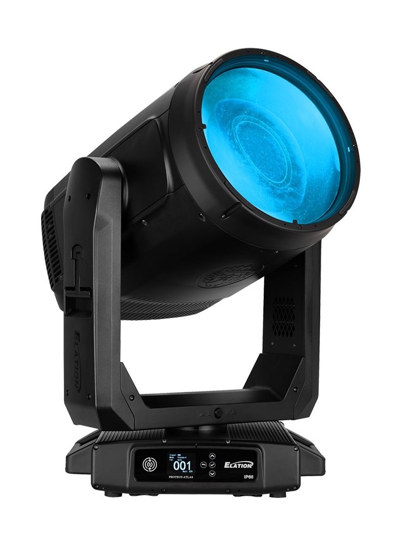 Elation Proteus Atlas fixture with a blue illuminated lens.