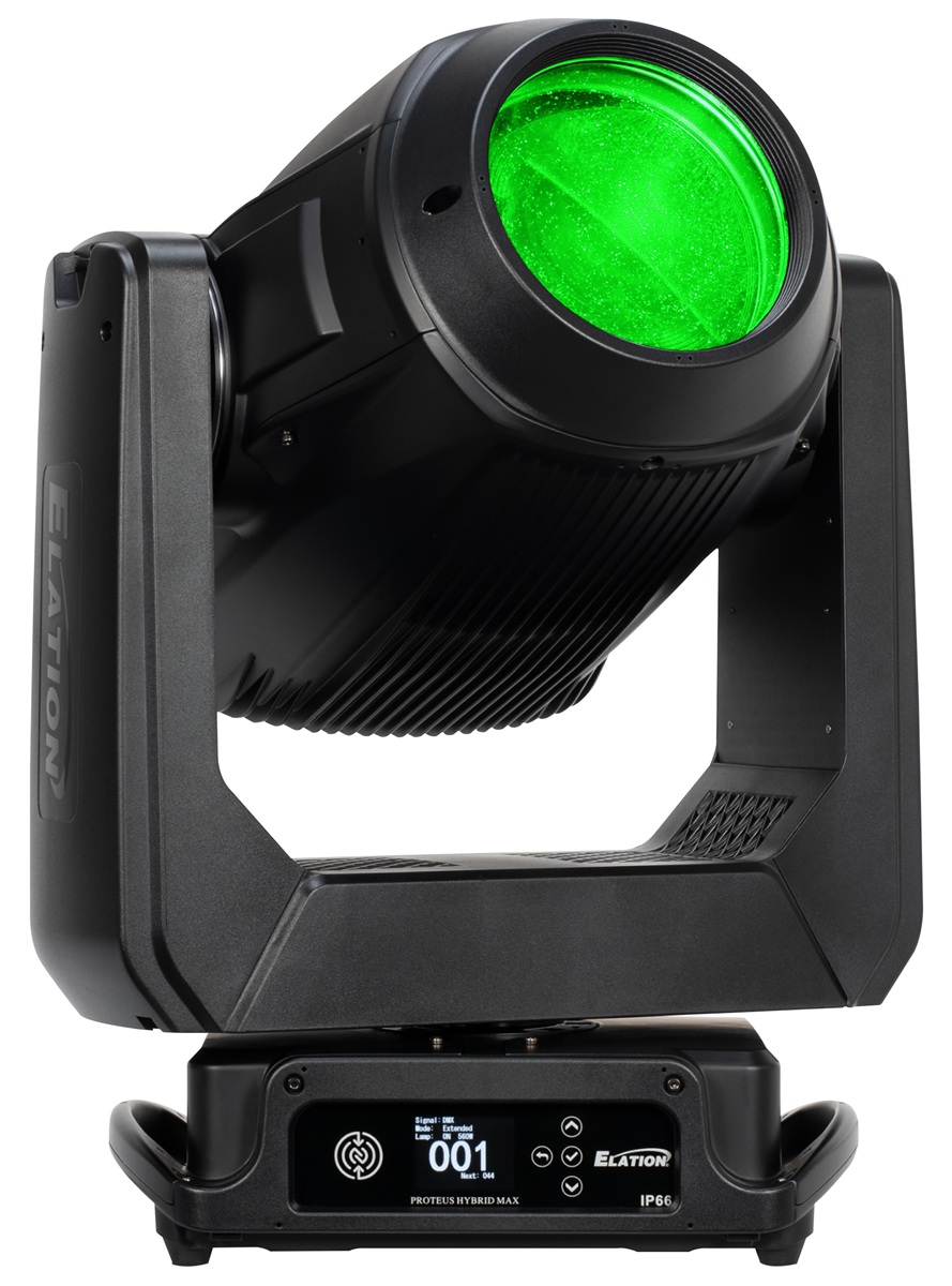Elation Proteus Hybrid Max fixture with a green illuminated lens.