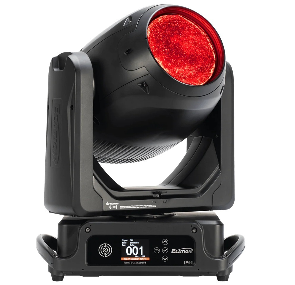 Elation Proteus Radius fixture with a red illuminated lens.