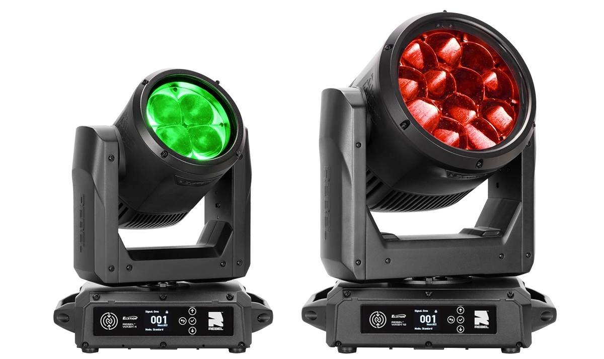 Elation Rebel Wash 4 and Rebel Wash 12 fixtures with green and red lenses.