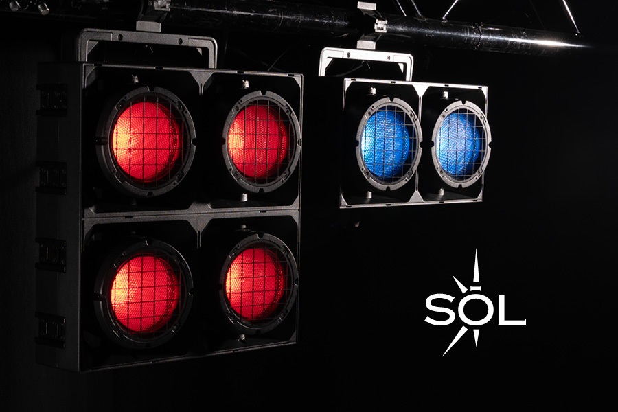 Elation SOL II and SOL IV blinders illuminated in blue and red.