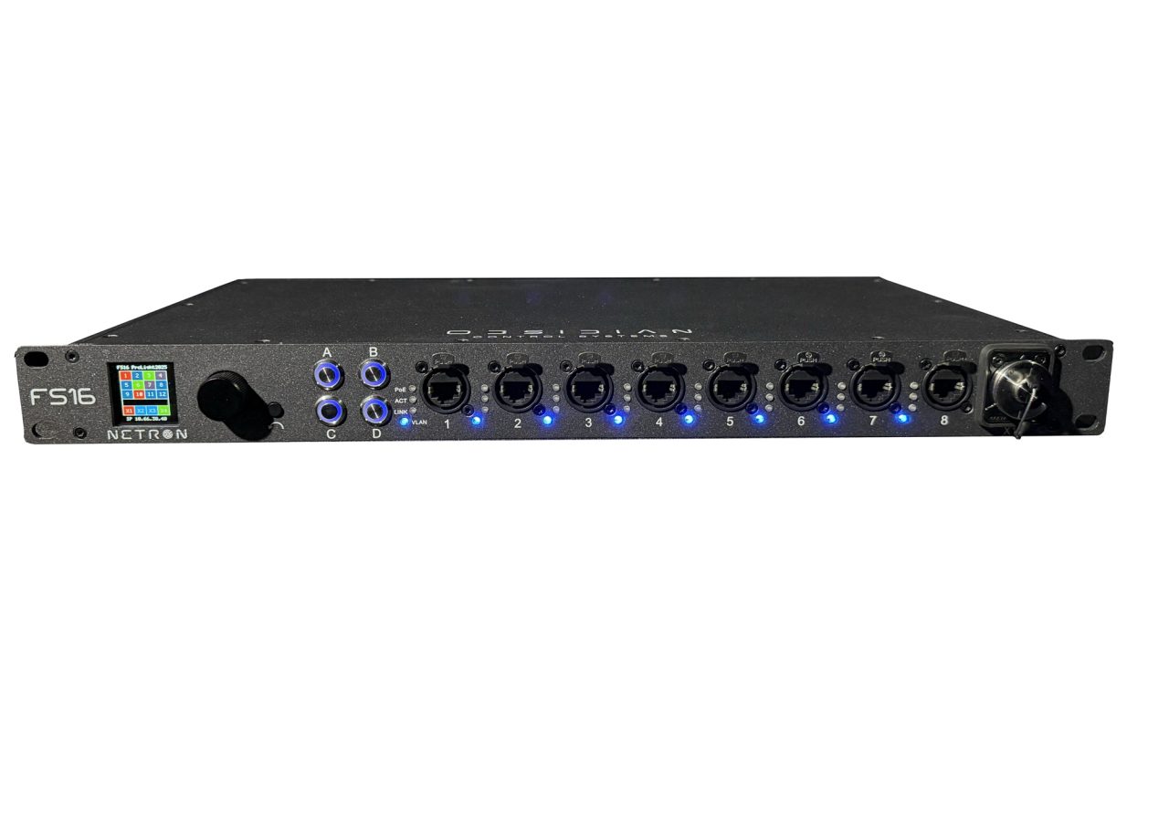 NETRON FS16 rack-mounted network switch with illuminated ports.
