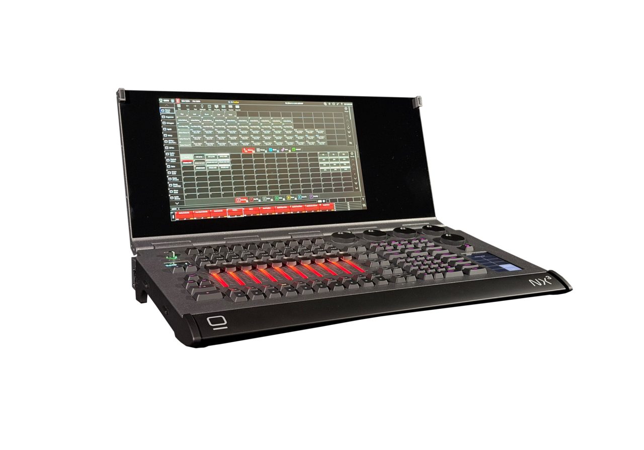 Obsidian ONYX NX3 console with a raised display and red-lit faders.