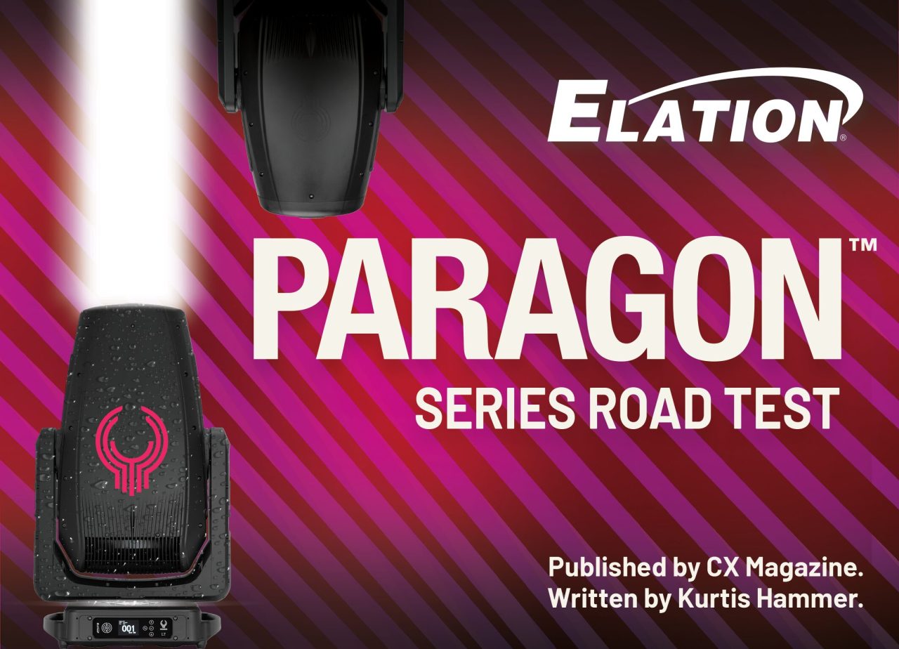 Wide Elation Paragon series road test graphic with magenta diagonal lines.
