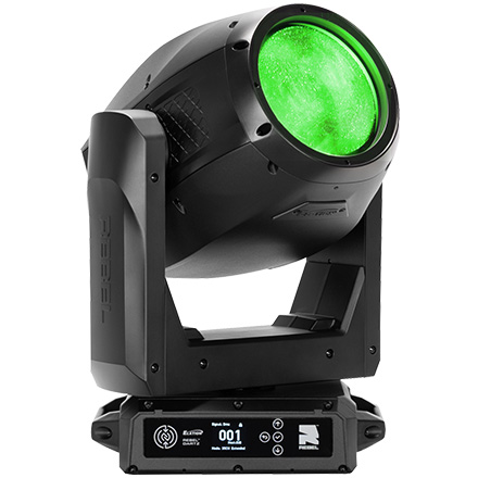 Elation Rebel Dartz fixture with a green illuminated lens.