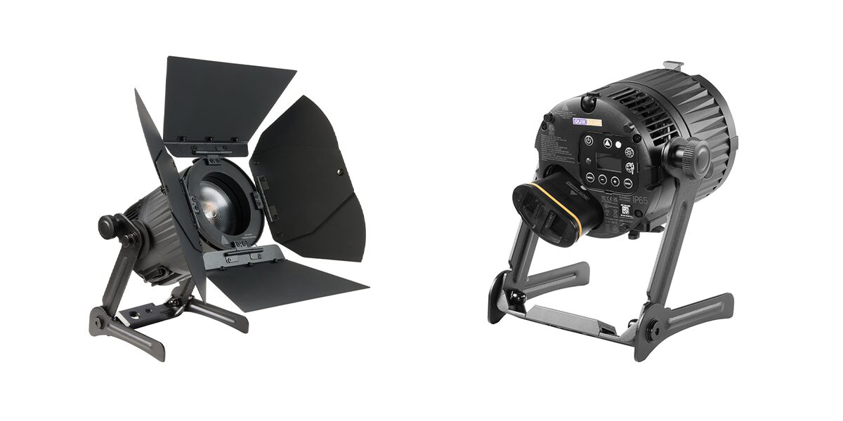 Front and rear views of an Astera QuikBeam, including its barn doors and controls.