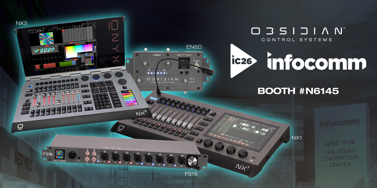 Obsidian InfoComm 2026 invitation showing consoles and NETRON devices, booth N6145.