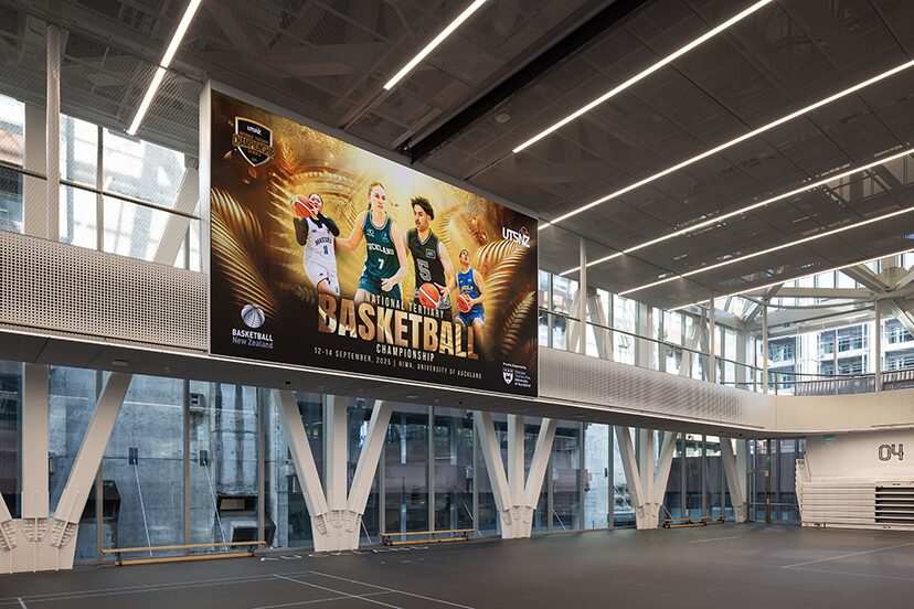 Basketball imagery on the large screen above Hiwa's indoor sports hall.
