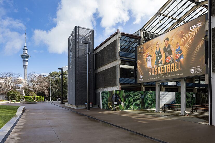 Basketball imagery on an outdoor display at Hiwa, with Auckland's Sky Tower in the distance.