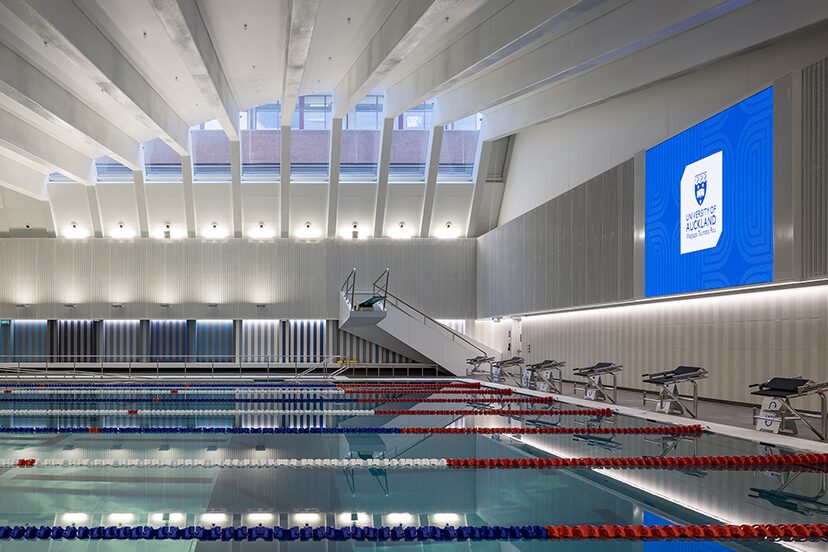 University of Auckland display above the swimming lanes at Hiwa Recreation and Wellbeing Centre.