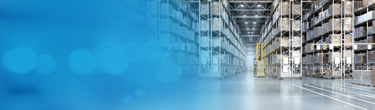 Warehouse shelving fading into a blue banner background.