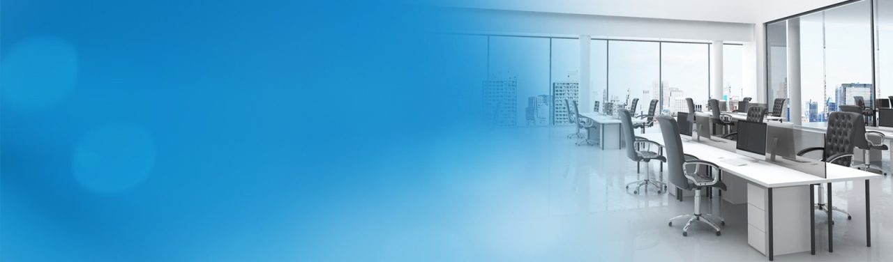 Office desks fading into a blue banner background.